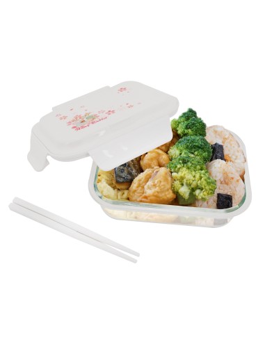 安妮兔玻璃保鮮盒附餐具-650ml櫻花+提袋格子