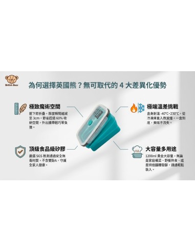 英國熊矽膠折疊保鮮盒-1200ml綠(盒裝)