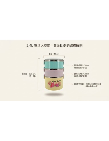 安妮兔北歐深型三層便當盒2.4L