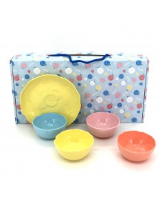 松村窯玫瑰色土4碗1盤