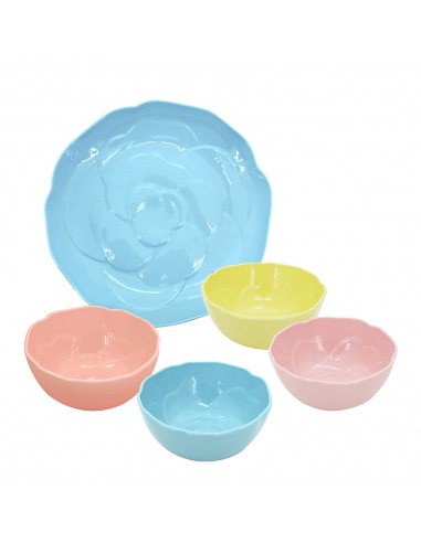 松村窯玫瑰色土4碗1盤