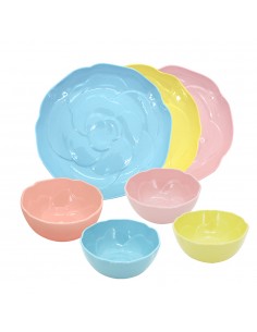 松村窯玫瑰色土4碗3盤